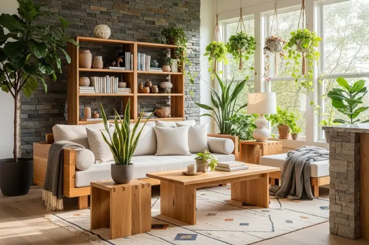 A serene home interior filled with indoor plants, natural wood furniture, stone textures.