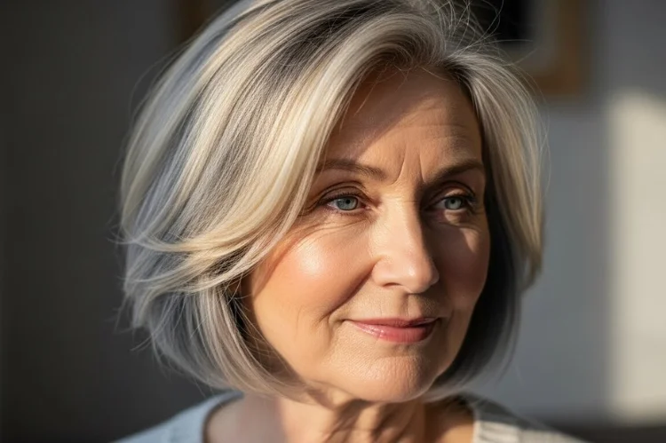 A 66 year old woman with blended blonde and gray hair, soft transition tones.