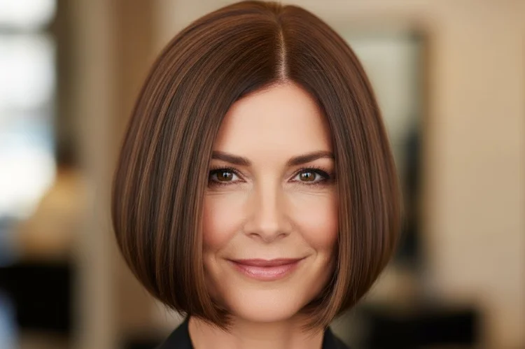 A blunt bob haircut on fine hair of thickness. The woman is over 60, confident.