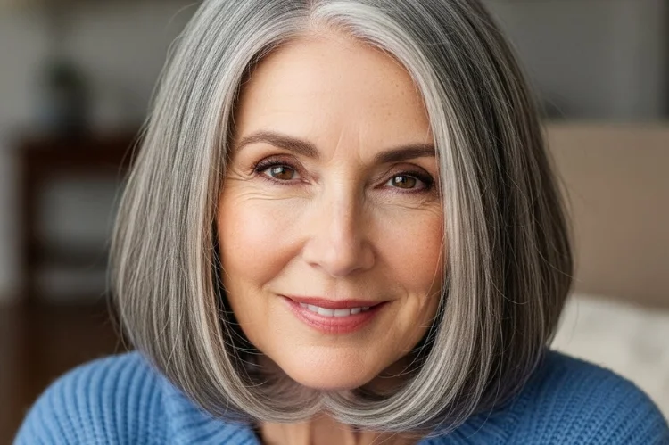 A 65 year old woman with blunt medium-length gray hair, clean sharp ends with subtle hidden layers, full-bodied look