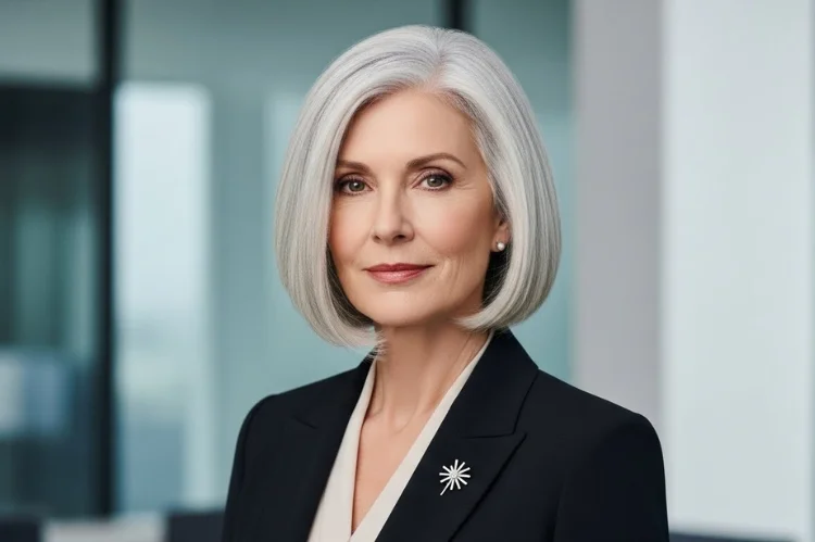 A confident 60–65 year old woman with blunt silver lob, sharp edges, professional authority.