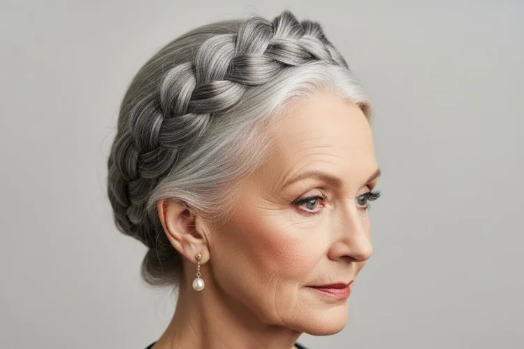 old woman wearing a braided crown hairstyle in natural gray hair, regal and graceful appearance.