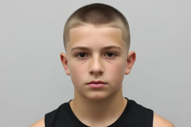 Boy with classic buzz cut, clean hairline, athletic look. Simple, no-nonsense haircut visual.