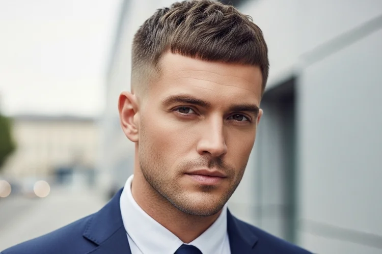 Adult man with a modern Caesar haircut, short textured top with straight forward fringe.