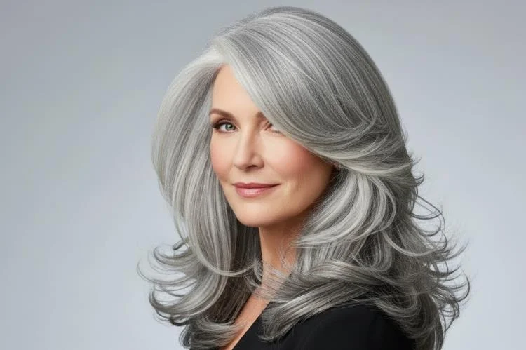 Long layered grey hair on woman over 50, cascading waterfall effect, healthy shine The Cascading Silver Layers.