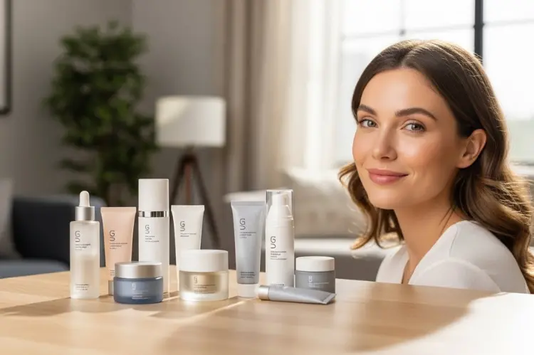 Modern beauty showing sleek skincare products, glowing skin women.