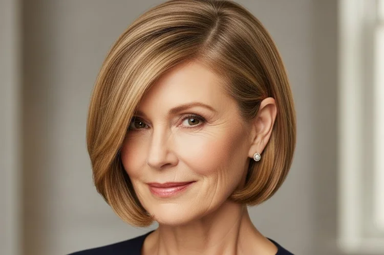 A woman over 60 with fine hair wearing a classic chin-length bob with blunt ends.