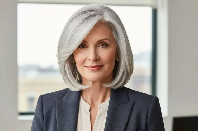 Collarbone-length silver bob with subtle layers, sleek yet soft movement, professional mature woman.