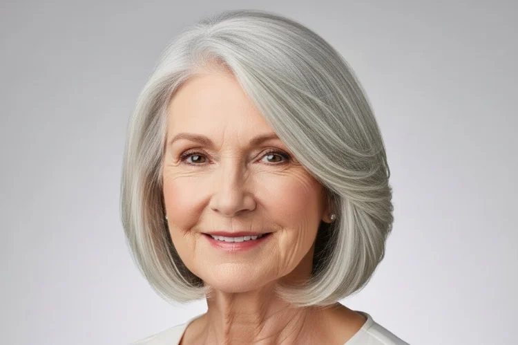 A 60–65 year old woman with classic silver lob haircut, shoulder length, clean structure, modern mature style.