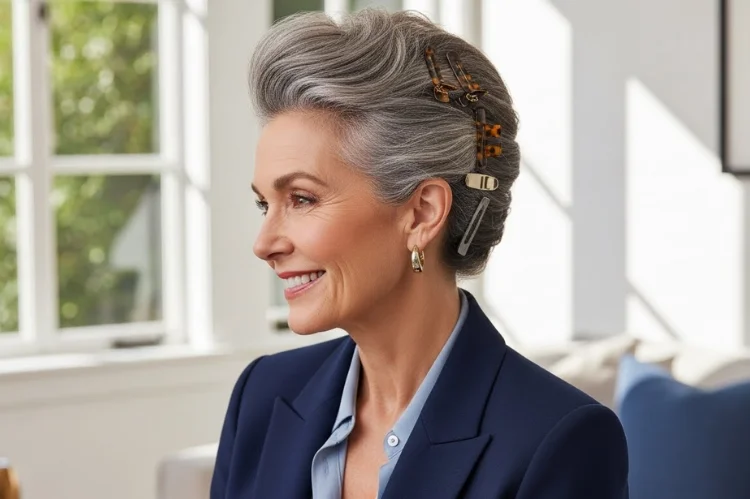 Strategic hair clips adding height and style.
