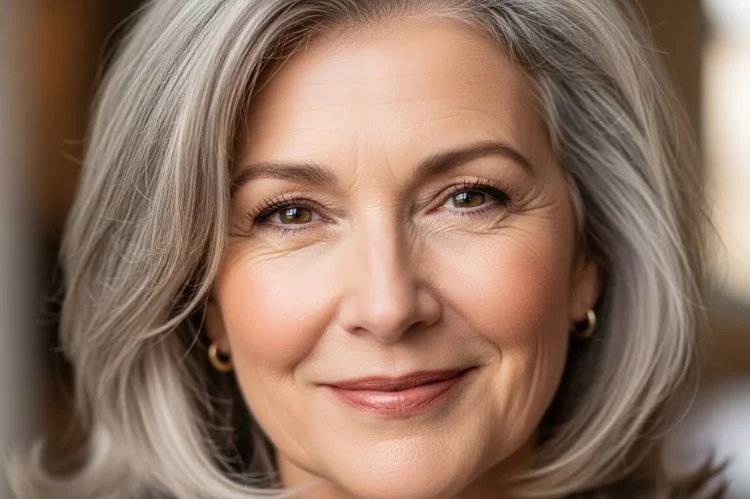 A 60–65 year old woman with coarse gray hair styled into soft blended layers, smooth finish, natural body.