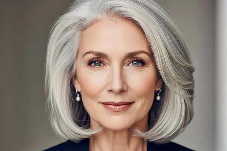 A 60–65 year old woman with collarbone-length silver-gray hair, clean elegant line, smooth layered finish.