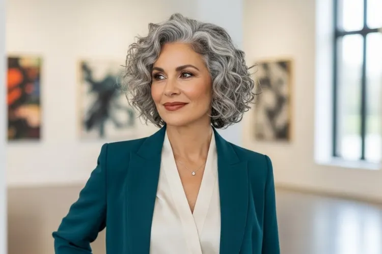 Woman over 50 with short curly grey hair, controlled layered volume, natural texture celebrated.