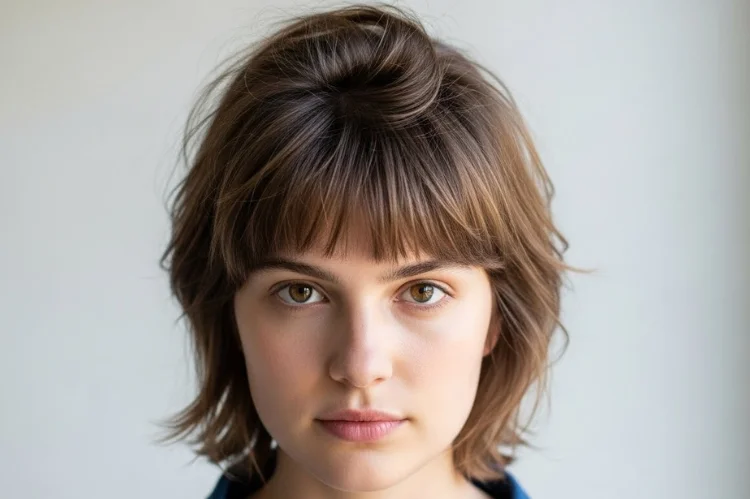 short hair with bangs showing a visible cowlick being styled naturally into the haircut.