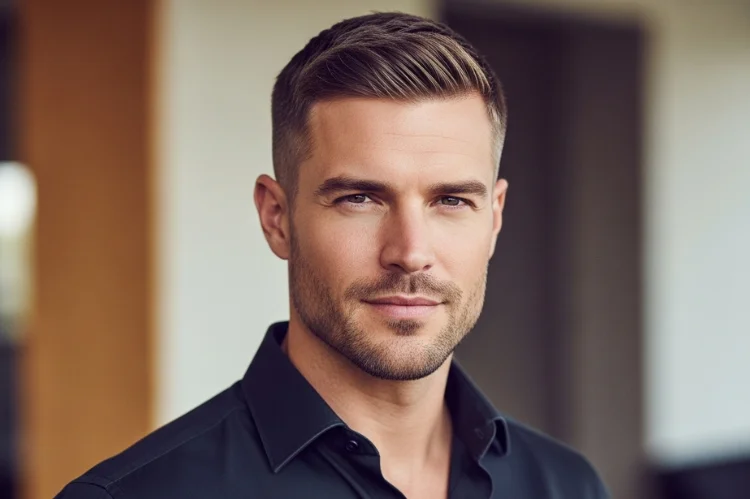 A confident adult man with a classic crew cut haircut, short tapered sides and slightly longer top