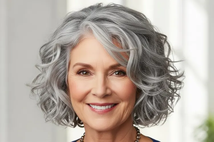 Curly grey hair with layered cut, defined spiral curls, volume control, mature woman over 50.