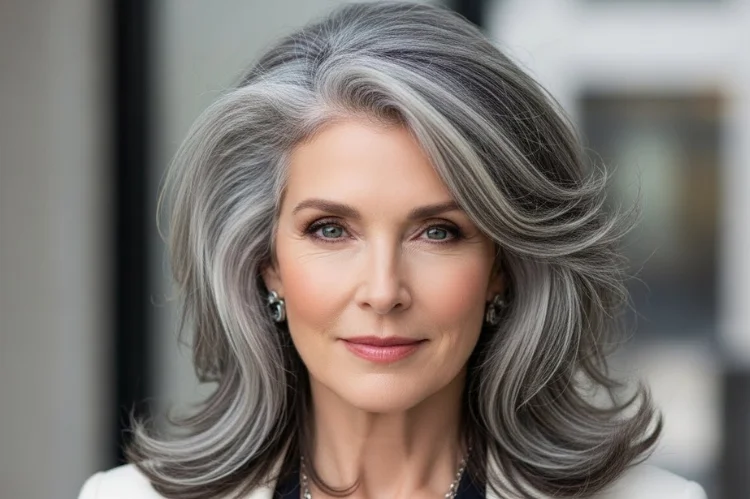 A confident 60–65 year old woman with bold disconnected long gray layers, modern edgy styling