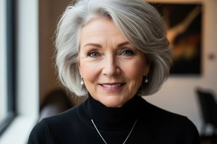 A 60–65 year old woman with intentionally messy gray hairstyle, chic imperfection.
