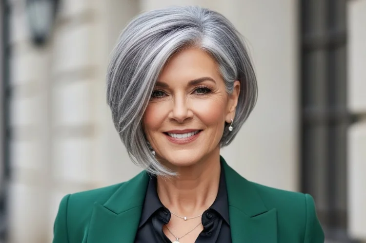 A stylish 60–65 year old woman with modern gray haircut combining sophistication and edge.