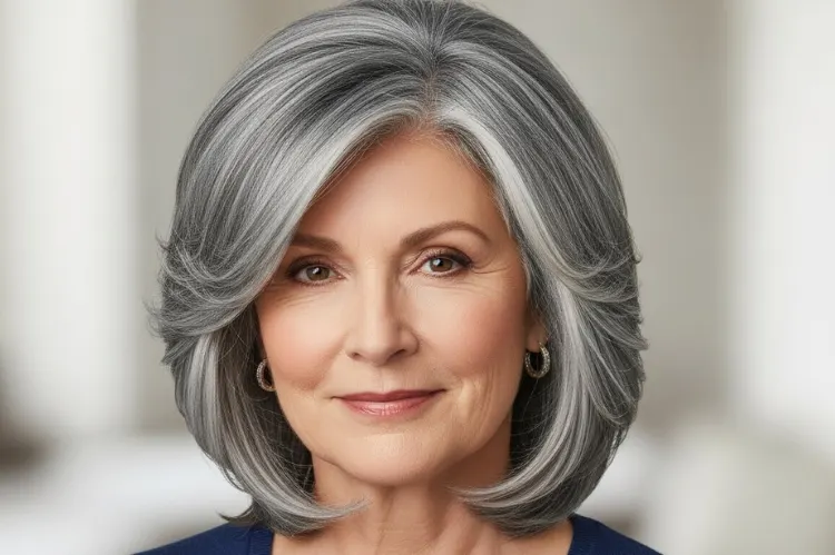 Grey layered haircut with face-framing layers starting at cheekbones, lifting effect, flattering mature face.