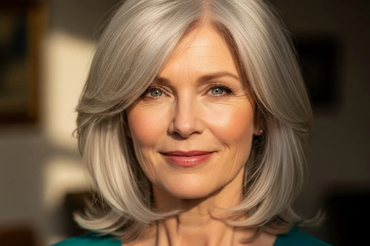 Medium-length fine hair with face-framing layers on a woman over 60.