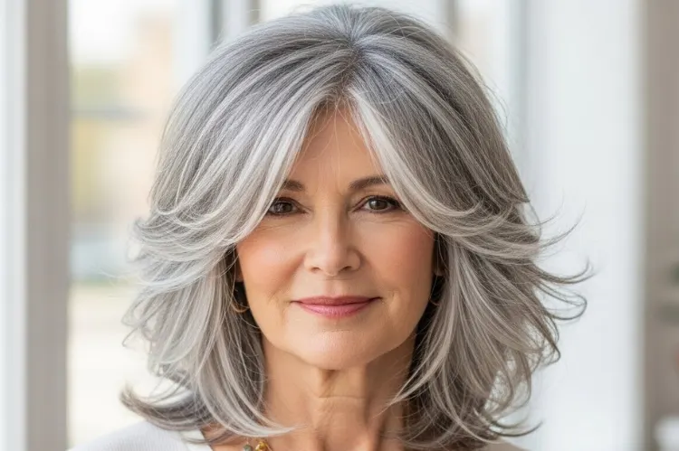 Feathered medium length grey shag haircut, light airy layers, natural waves, textured movement, woman over 50.