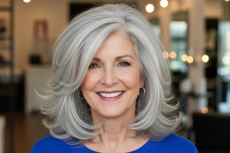 A 60–65 year old woman with fine shoulder-length gray hair, layered to create volume, airy texture.