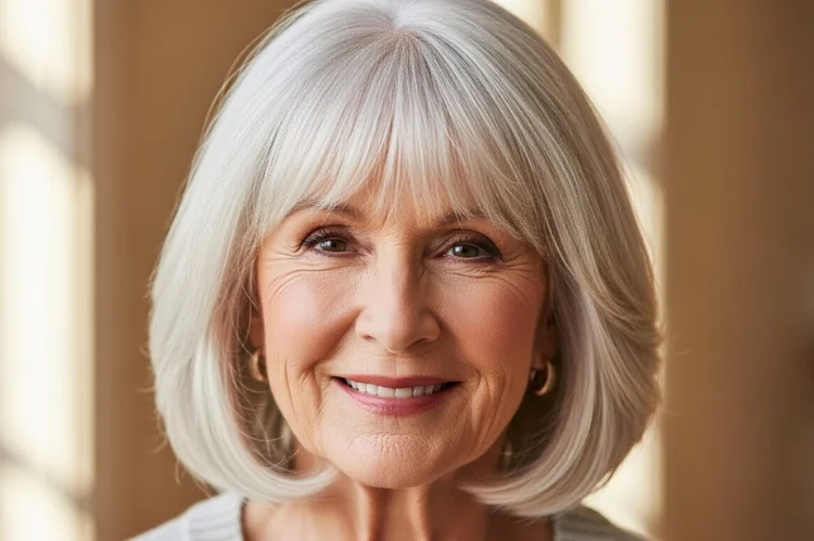Full bangs on a woman over 60 with fine hair, hiding thinning at the hairline. Youthful and flattering.