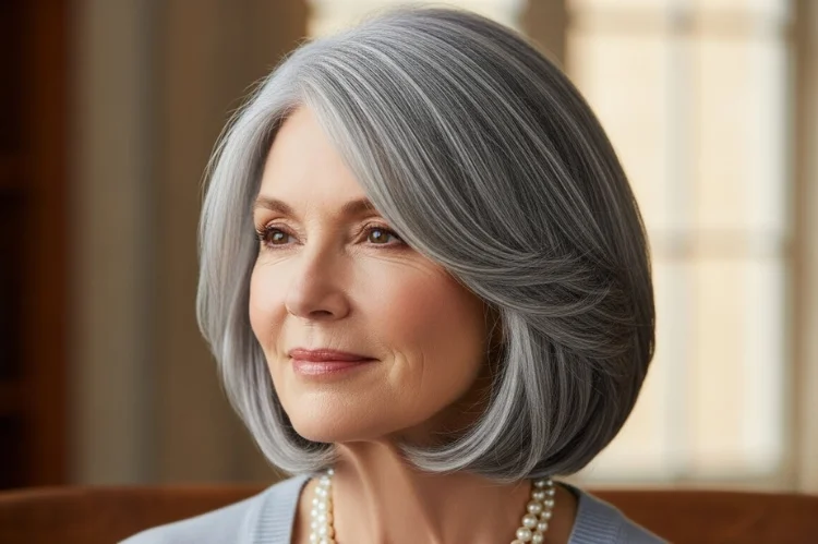 Gracefully blended gray hair on a woman over 60 with fine texture.