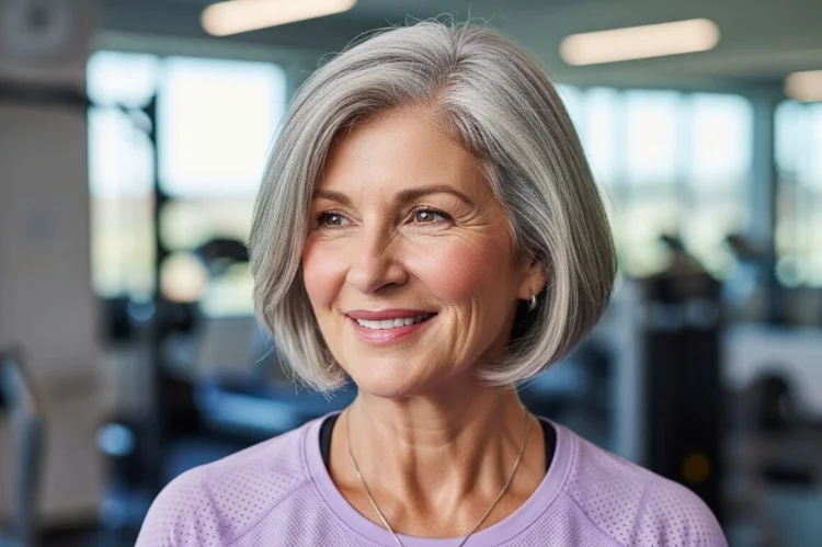 A 62 year old woman with medium gray hairstyle that maintains shape post-workout.