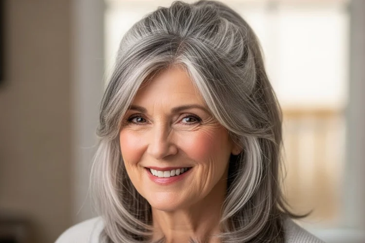 A 60–65 year old woman with half-up half-down gray hairstyle, face-framing strands, polished yet soft look.
