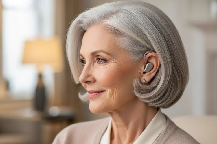 A 60 year old woman with gray hairstyle designed around hearing aids, comfortable and elegant.