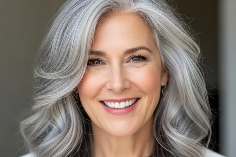 A 58 year old woman with gray hair enhanced by soft highlights, multidimensional silver tones.