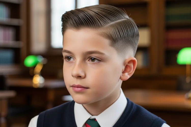 Polished school boy with Ivy League haircut, side-combed top and tapered sides.