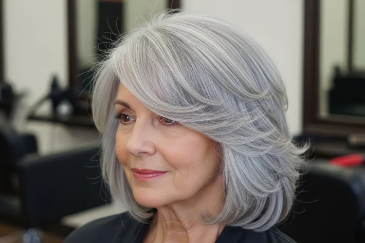 Old woman with layered gray lob haircut, subtle movement, balanced volume.
