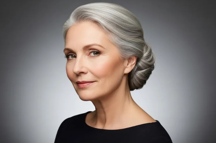A 60–65 year old woman with a low silver chignon bun, classic and timeless updo, elegant neckline exposure.