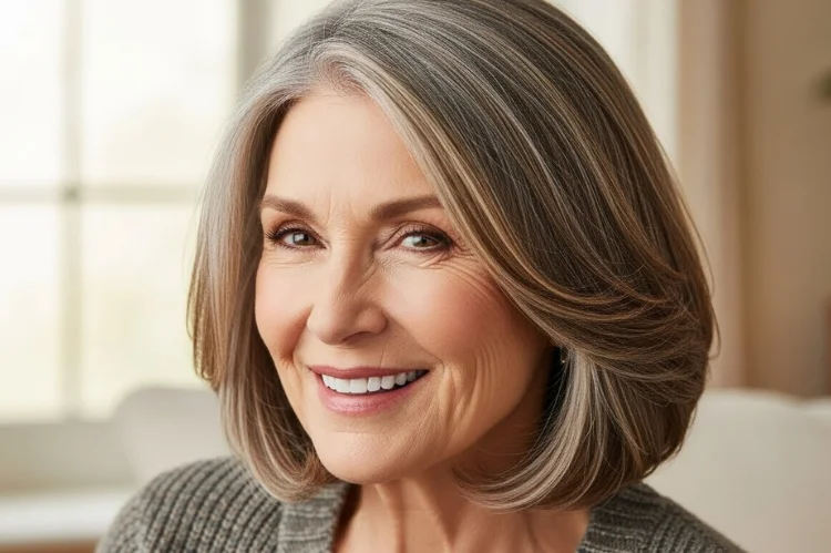 A 60–65 year old woman with gray hair featuring subtle lowlights, warm depth, natural variation