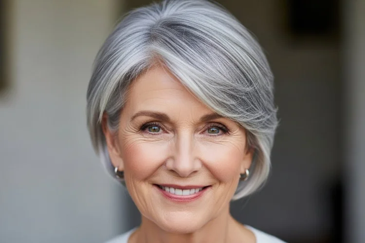 A 60–65 year old woman with ultra low-maintenance gray haircut, simple and elegant.
