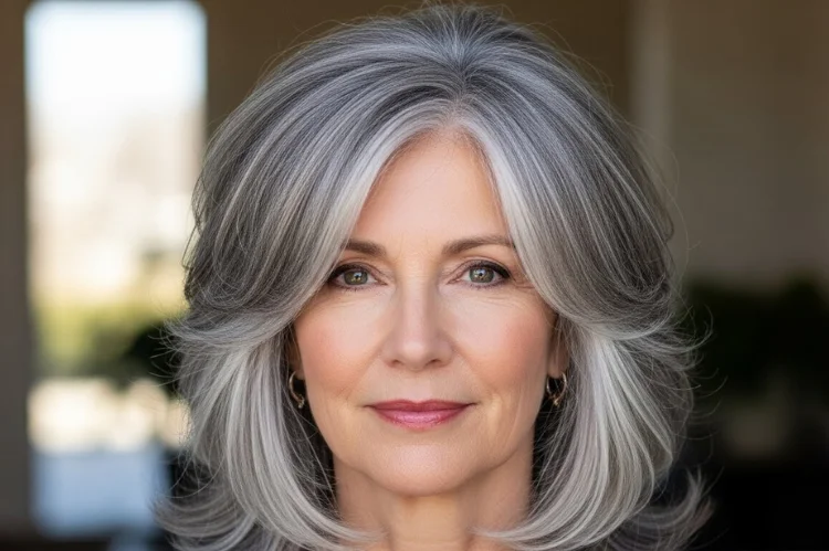 A 65 year old woman with gray hair showing mixed textures, customized layered haircut.