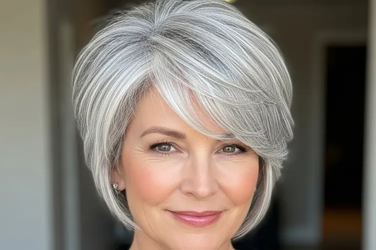 Modern pixie bob haircut on woman over 50, grey hair with soft layers, short back longer front.