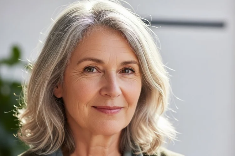 A 60–65 year old woman with naturally varied gray hair shades, authentic and organic look.