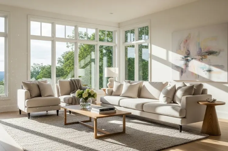 A bright living room filled with natural sunlight streaming through large floor-to-ceiling windows.