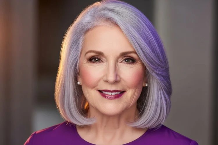 A 60–65 year old woman with cool-toned silver-gray hair, purple-toned brightness, smooth shine.