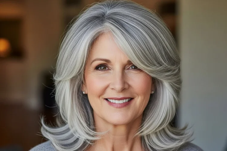 A 60–65 year old woman transitioning to natural gray hair, blended layers hiding regrowth lines.