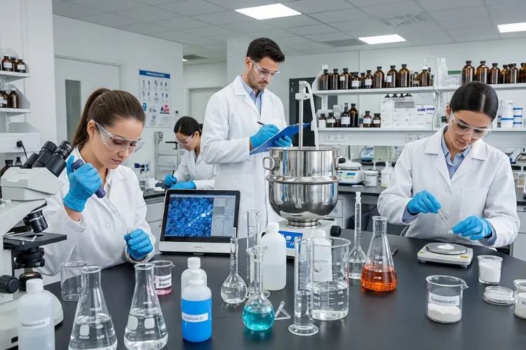 cosmetic laboratory scene with scientists formulating skincare.