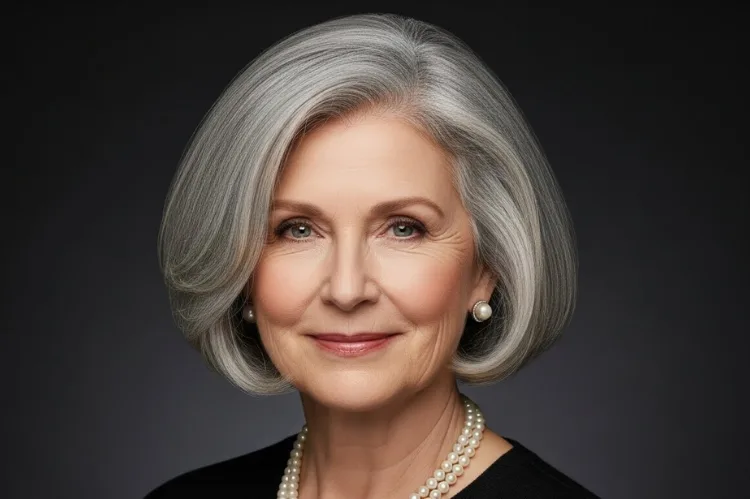 Rounded medium length grey bob with inward-curving ends, soft feminine shape, flattering mature face.