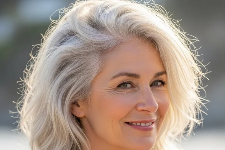 Fine hair styled with visible texture and volume using salt spray. Natural, beachy finish.