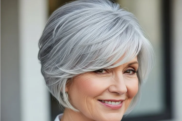 A 60 year old woman with chic gray hairstyle designed for density changes, graceful and flattering cut, natural elegance.
