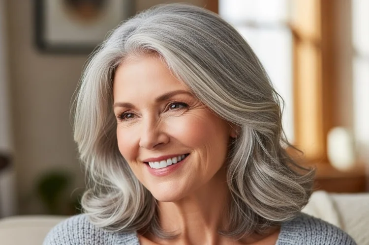 A 62 year old woman with gentle layered gray haircut, soft movement.