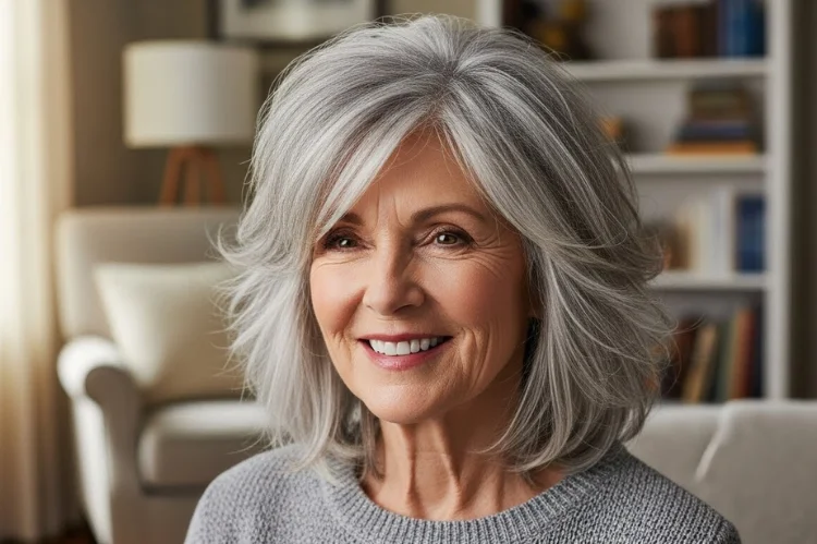 A 60–65 year old woman with shoulder-length gray shag haircut, choppy layers.